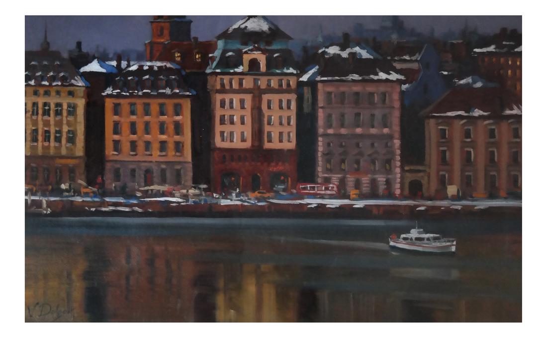 Russian Canadian Vadim Dolgov O/P: City canal scene oil on panel painting, signed "Vadim Dolgov". [Art: 14 x 23 inches; Frame: 24 x 33 inches].