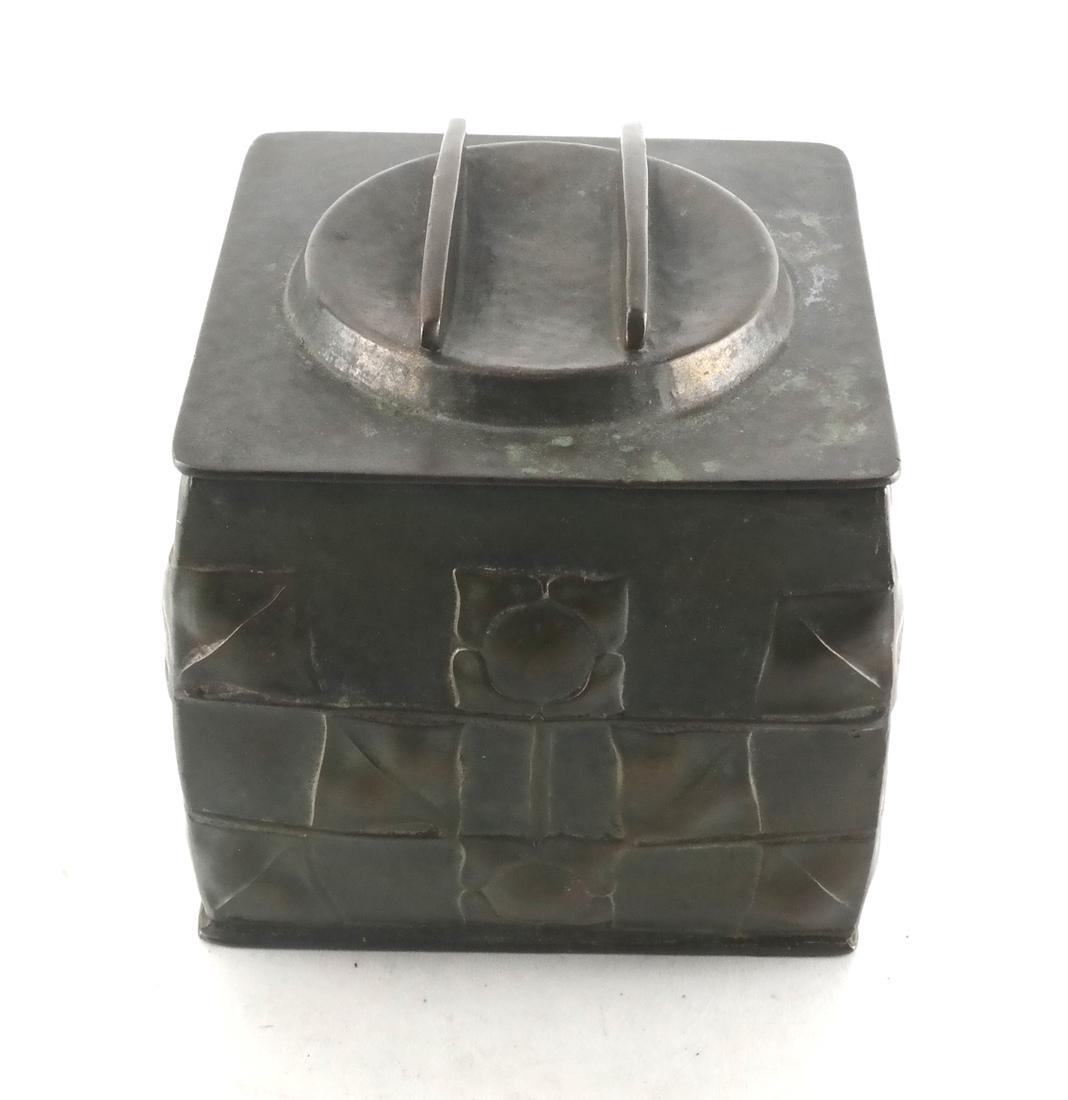 Art Nouveau Archibald Knox Humidor: Jennings Brothers Archibald Knox-designed humidor/tea caddy, stamped J.B. 2765. [4 1/2 x 4 1/2 x 4 1/2 inches].