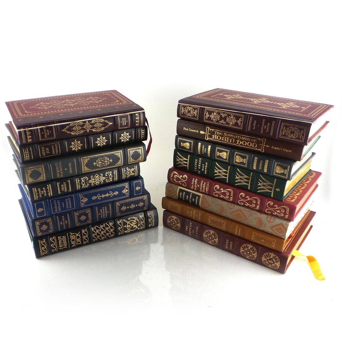 15 Decorative Library Books: Including titles Lord Jim, Swan's Way, Vanity Fair, Last Days of Pompeii, Robin Hood, Moby Dick, and others. Bindings in good condition.