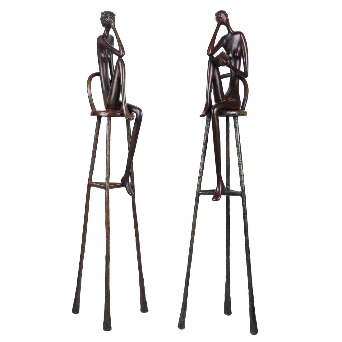 Ruth Blum, Two Seated Nude Sculptures: Ruth Blum, Two Seated Nude Sculptures. Bronze. Two abstract bronze nude figures, seated on bar stools. Circa 2000. [12 1/2 diameter x 49 inches (31.75 diameter x 124.46 centimeters)].