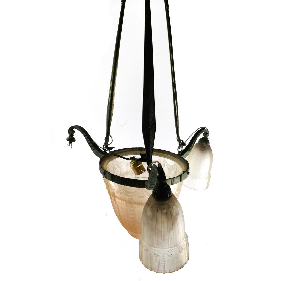 Muller Frères Signed Art Nouveau Chandelier: Muller Frère art nouveau chandelier having a large dome and two shades. Center shade signed. [17 1/2" Dia. x 31" H; Globe: 9" Dia; Shades: 4" Dia. x 6"H].