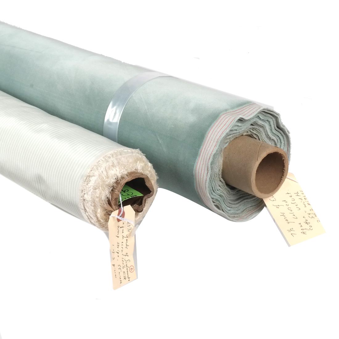 Two Bolts of Scalamandre Fabric: 1) 23.75 yards of 100% silk warp stripe in aqua and ecru - compliments the aqua cotton velvet; 2) 7 1/2 yards of aqua cotton plain velvet - compliments the aqua & silk stripe.