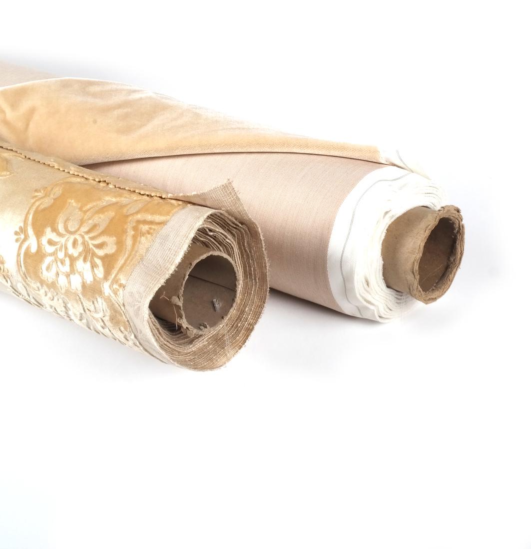 Scalamandre Gauffrage Velvet; Fret's Silk Velvet: Fret's silk velvet comprising: 1.) 6 yards of 25" narrow width silk and cotton velvet, in shades of buff, in an early 18th century stylized floral, 27" vertical, 23 1/4" horizontal repeat, with a side