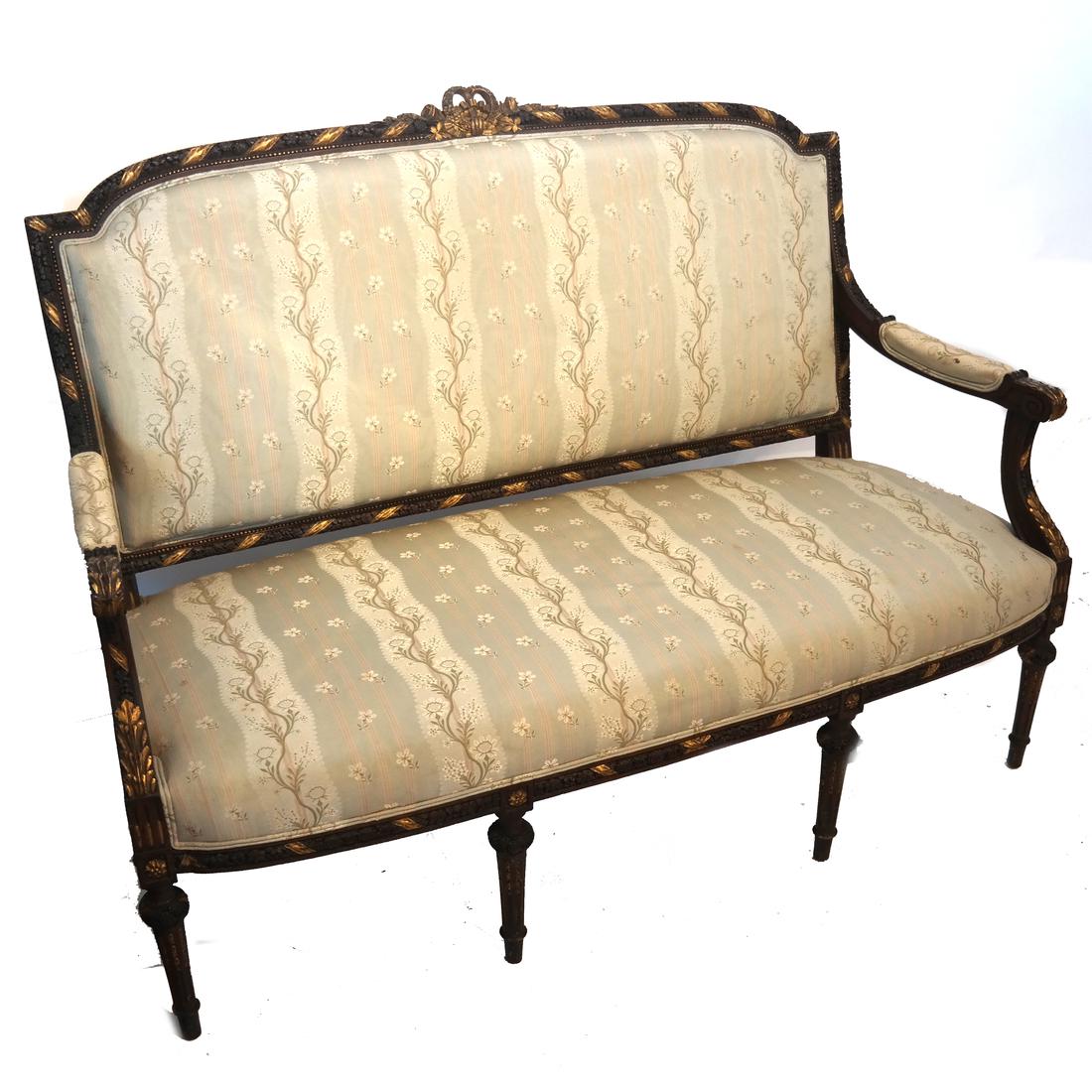Louis XVI-Style Sofa-Settee: Louis XVI-style sofa, gilt wood and carved details, c. 1930. En suite with Lot 431. [43 x 57 1/2 x 23 inches]. In good condition.