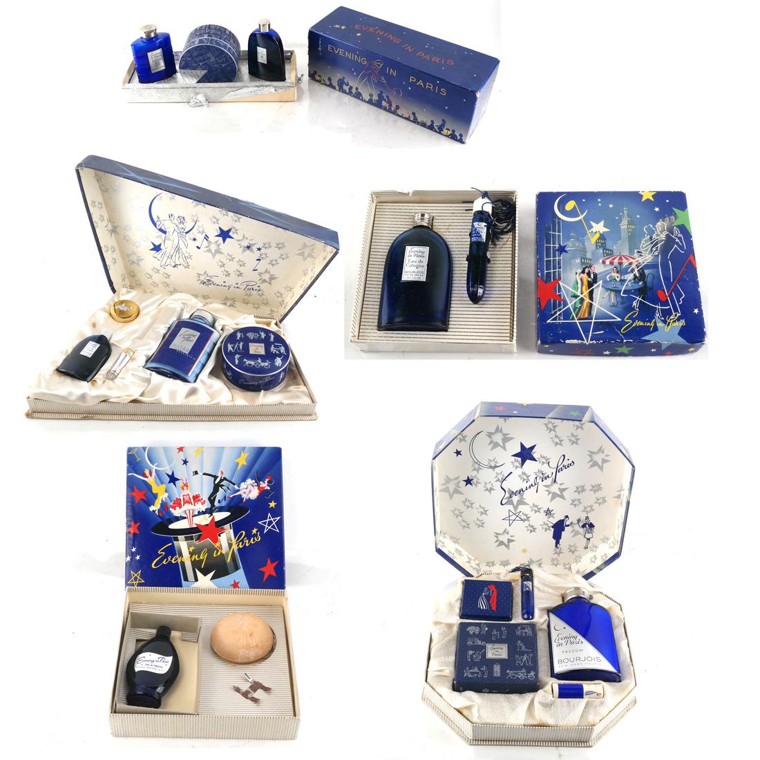 Bourjois "Evening in Paris" Perfume: Bourjois "Evening in Paris" perfume collections in original presentation boxes. Mid-late 1950's. 5 items.