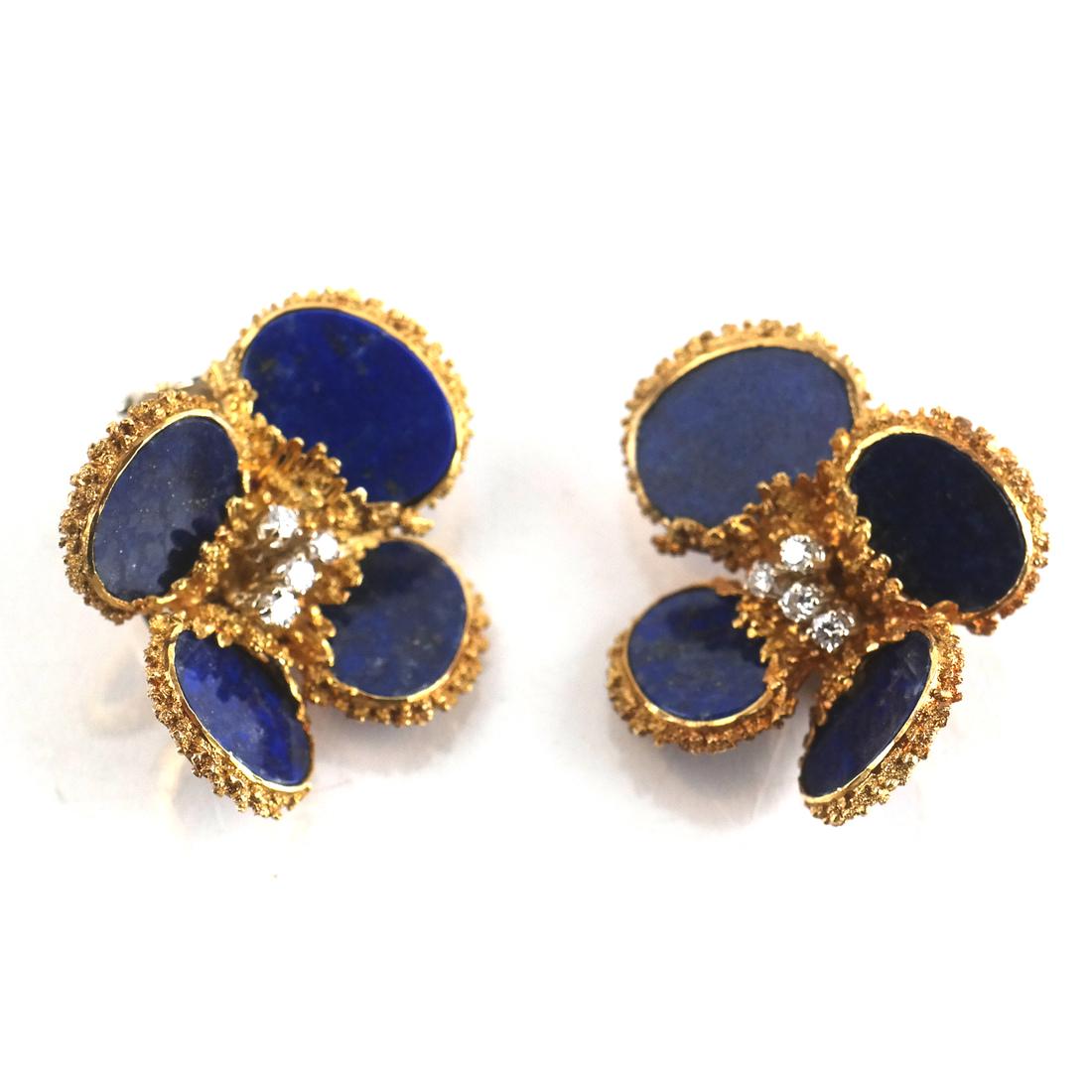 Pair 18k YG Diamond & Lapis Earrings (1 of 8)