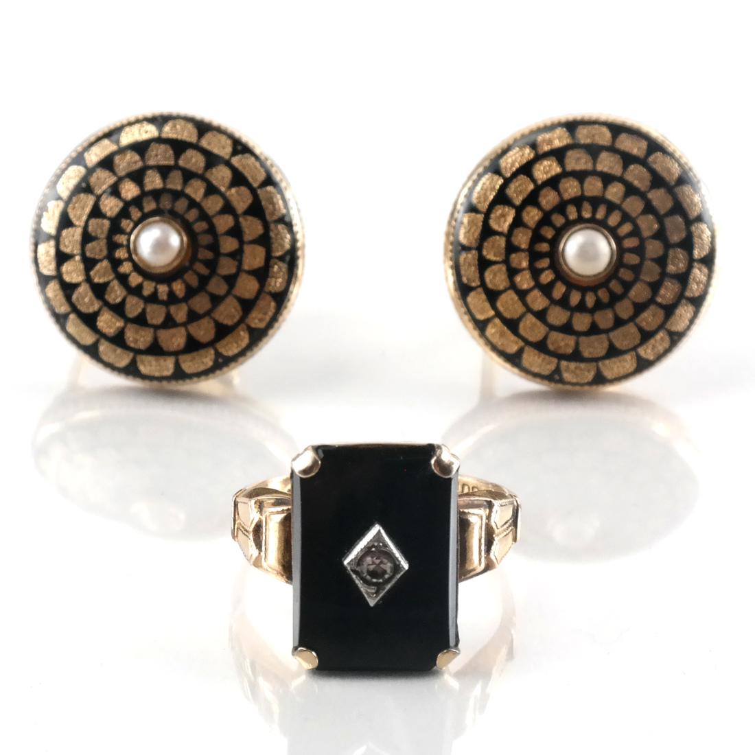 Victorian 14k Pearl Earrings and A Ring: Victorian 14k circular floral screwback earrings with seed pearls, and a gold-filled ring. 5.1 dwt.