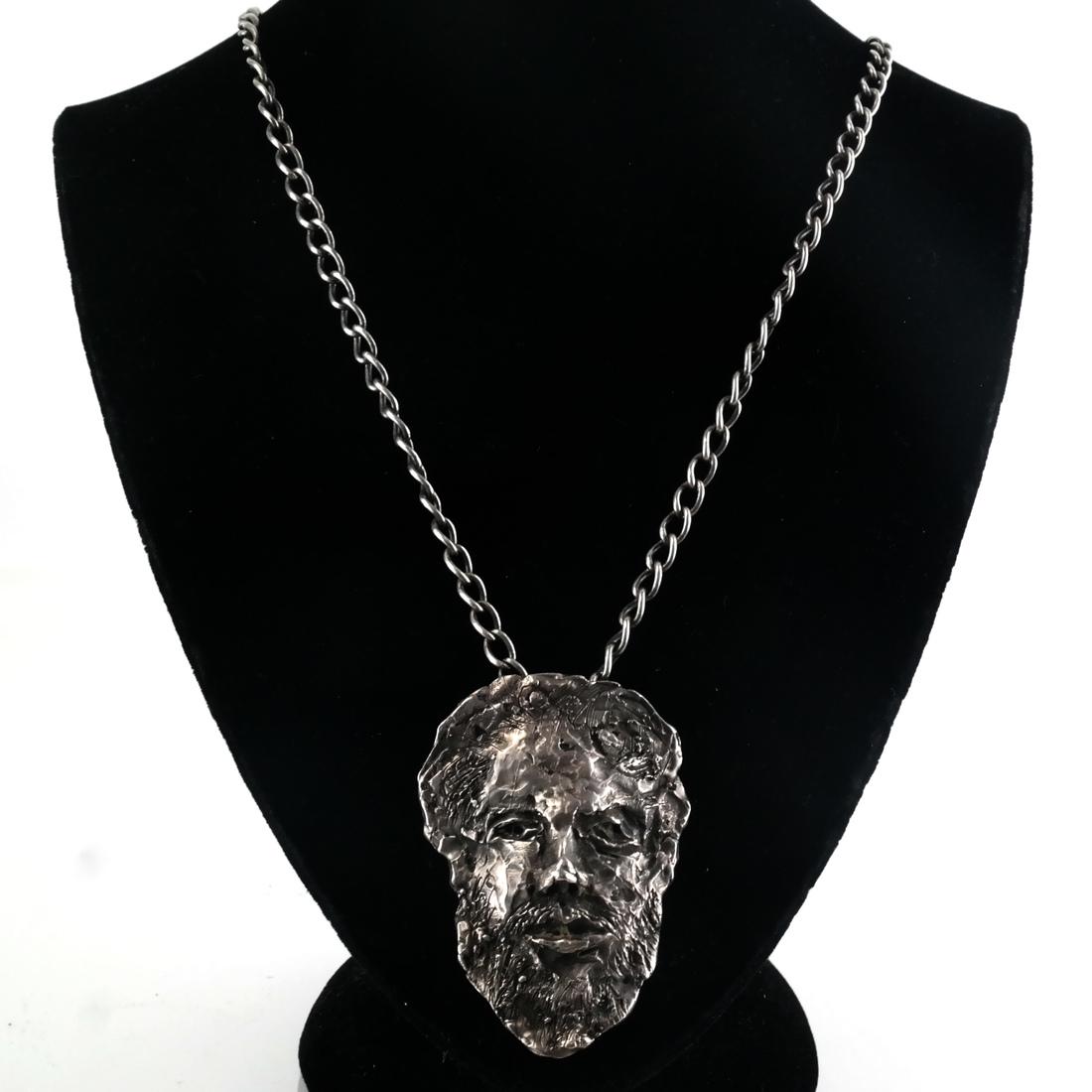Edith Borax Morrison Sterling Pendant '85: Sterling silver Edith Borax Morrison pendant, male mask on chain, c. 1985. 3.2 ozt.