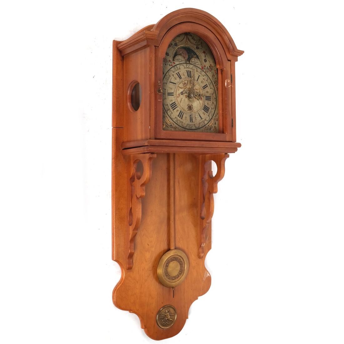 Fruitwood Wall Regulator Clock: Fruitwood wall regulator clock, possibly with assembled clock parts. [53 x 19 1/2 x 11 inches].