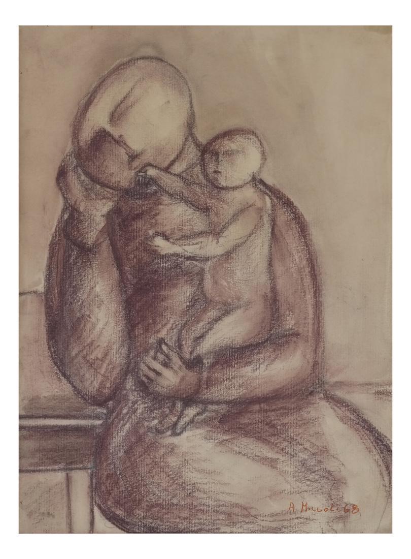 A. Miccoli Framed Drawing On Paper - Mother and Child: A. Miccoli drawing on paper, woman with child, crayon or pastel, under glass, framed in gilt carved wood frame. 1968, signed lower right "A. Miccoli" in pen. [Art: 11 x 8 inches; Frame: 20 1/2 x 17 1/