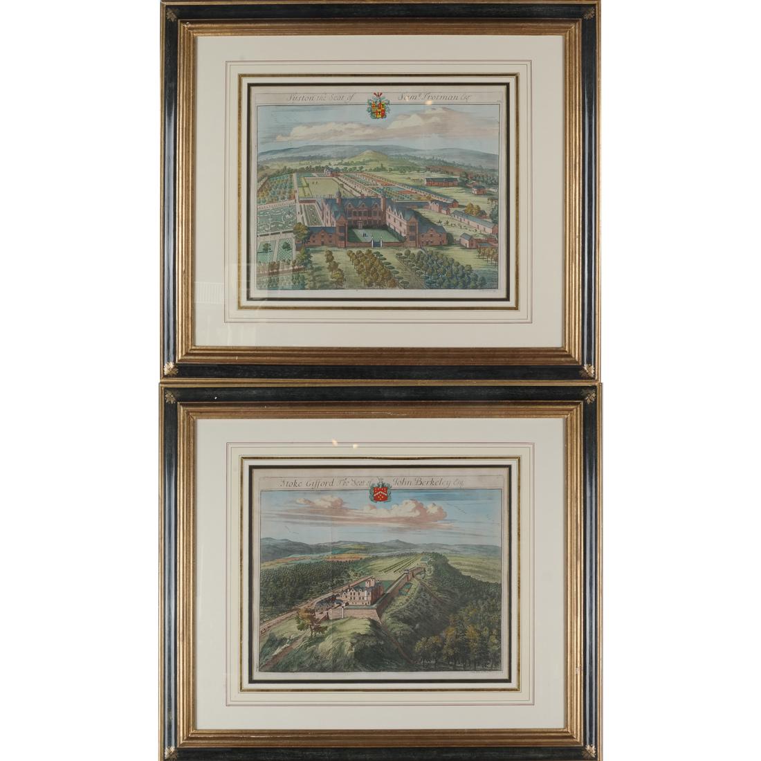 Two "Kip Studies" Hand-Worked Scenes: Two "Kip Studies" hand-worked city scenes: 1) Stoke Gifford "The Seat of John Berkeley, Esq.", 2) Syston "The Seat of Sam Trotman, Esq.". [Art: 14 x 16 inches; Frame: 26 1/2 x 31 inches]. Both with cr