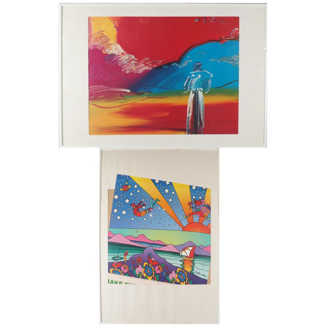 Two Peter Max Prints: Two Peter Max prints in white frames. [Approx. Art: 22 x 28 inches; Frame: 28 x 40 1/2 inches]. One loose in frame.