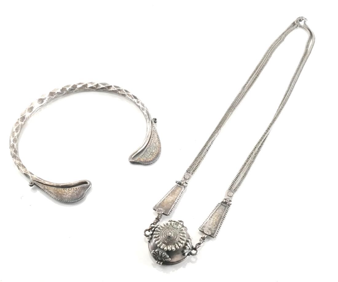 Antique Afghan/Asian Necklace & Other: An antique Afghan/Central Asian silver-look necklace and hanging ornament (2).