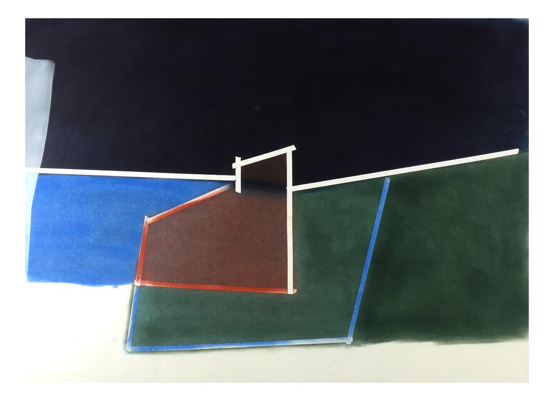 Michael Goldberg Untitled Mixed Media: Michael Goldberg untitled abstract metallic gold, green and red, multimedia (tape, oil paint, acrylic) work on paper. Initialed lower left "MG", 1981. Provenance: Dr. Richard T. Stern.