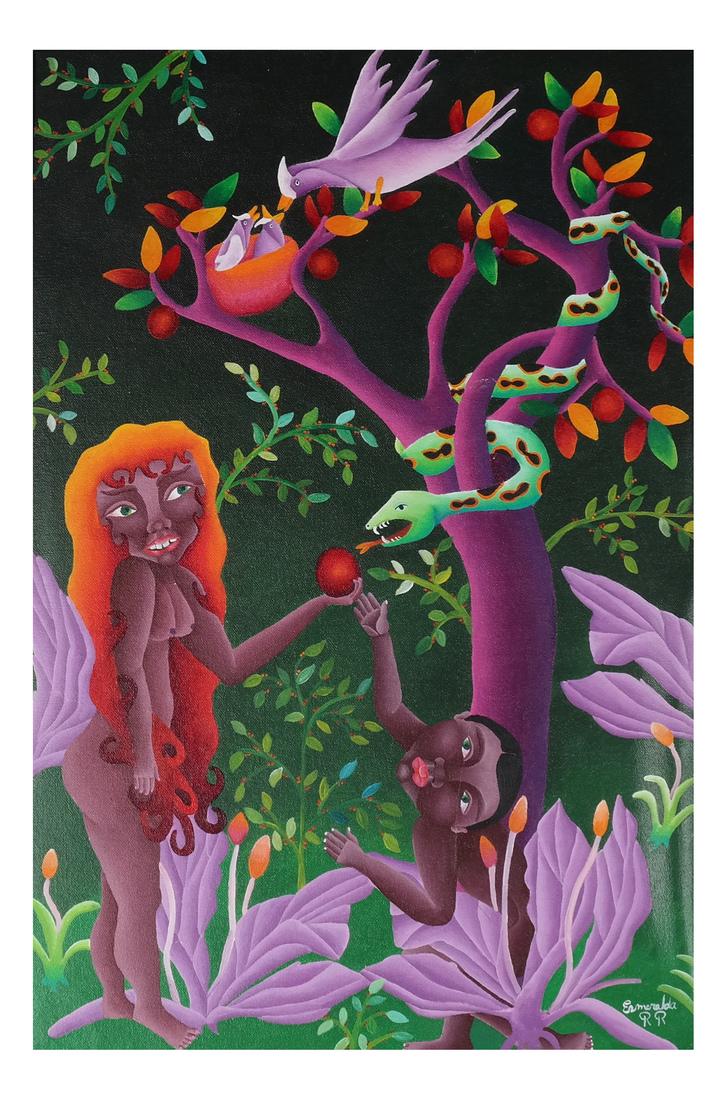 Esmeralda Rivera Ruiz - Oil on Canvas: Esmeralda Rivera Ruiz "Adam & Eve" oil on canvas (Corazona Valiente - Costa Rica), signed lower right. Provenance: From the Dr. Richard and Odile Stern collection. In good condition. [Art: 21 x 14 1/4