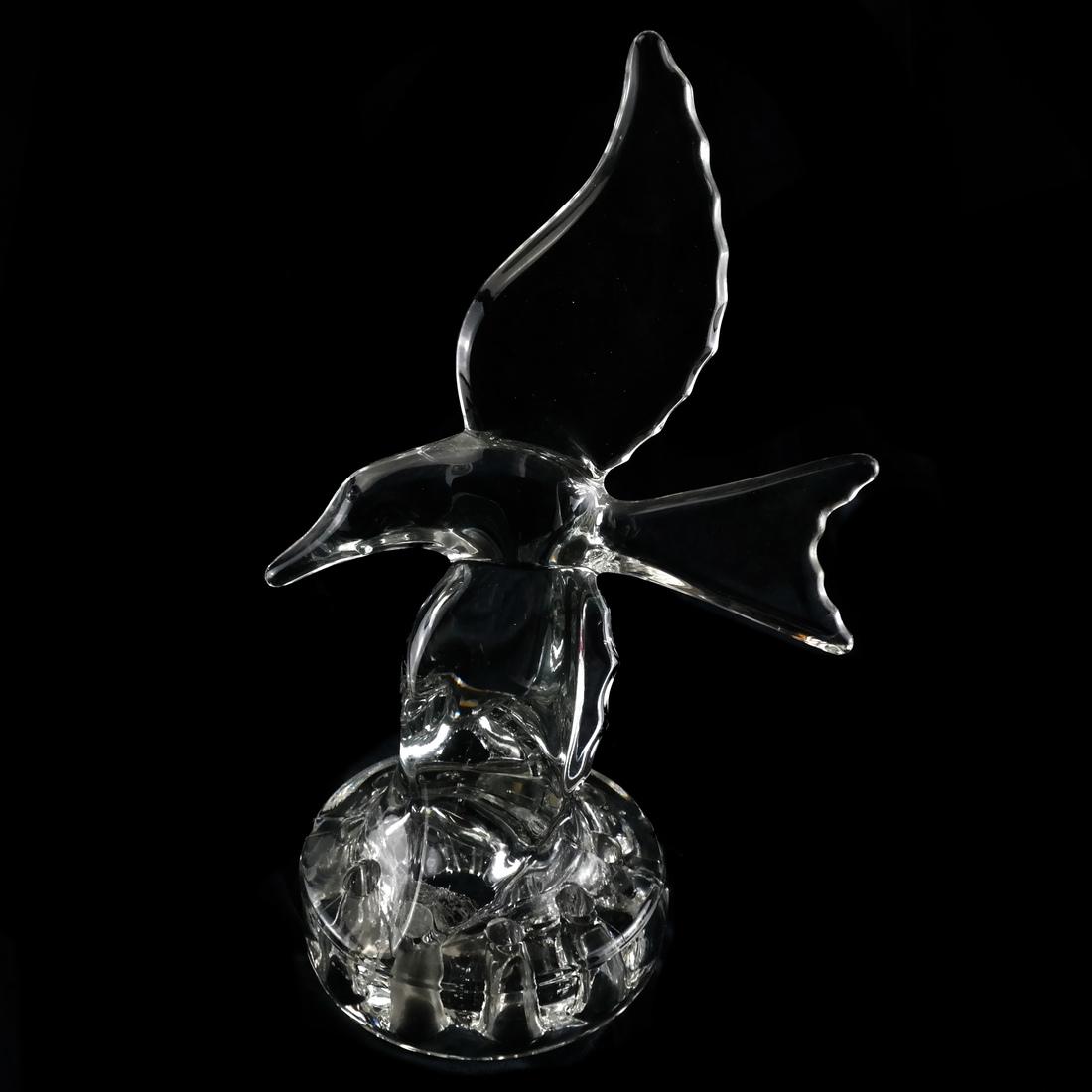 Glass Bird Sculpture, Daum-Style: Glass bird sculpture, Daum-style. [11 x 4 (dia) (base) inches]. Imperfection in glass.
