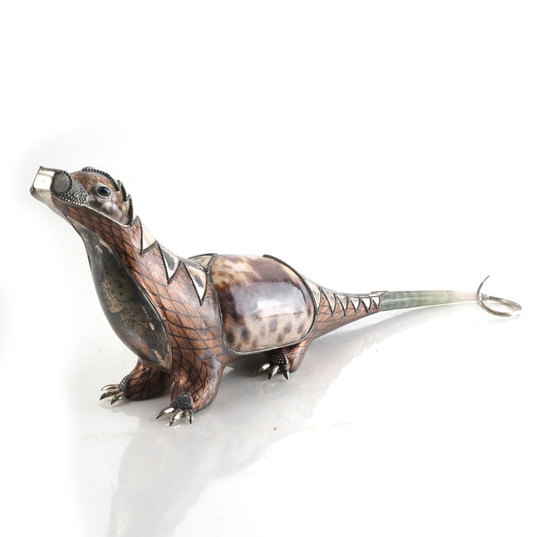 Robert Estevez, Iguana Sculpture: Iguana sculpture accomplished in silver and seashell. Signed on base. [4 1/2 x 11 x 2 inches]. From the collection of Dr. Richard and Odile Stern.