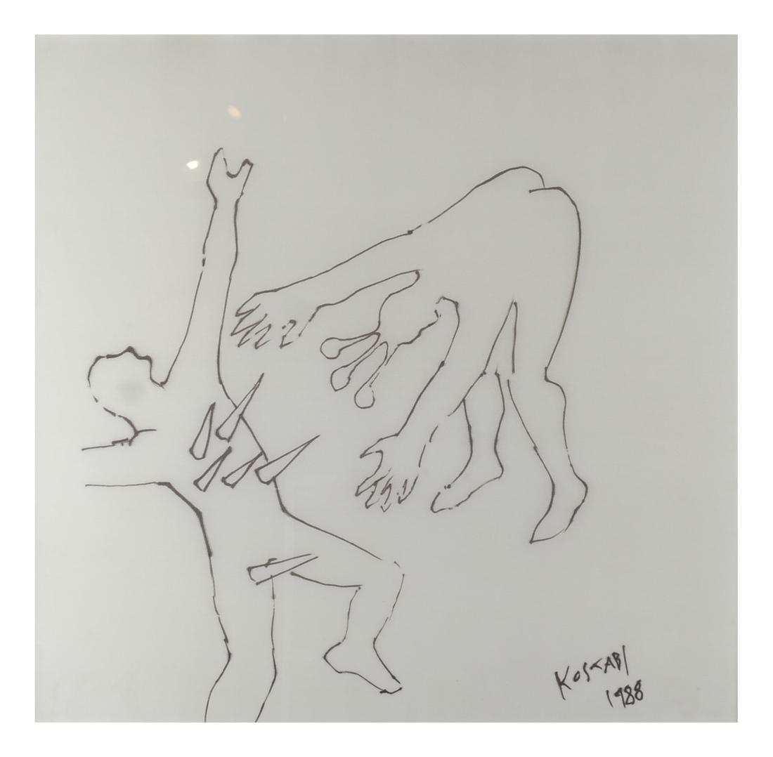 Mark Kostabi "Fighting Figures" Framed: Mark Kostabi "Fighting Figures", marker on silk, framed in a silver leaf frame, depicting two nude figures. Signed lower right, 1988. [Art: 27 1/2 x 28 1/2 inches; Frame: 29 x 30 inches].