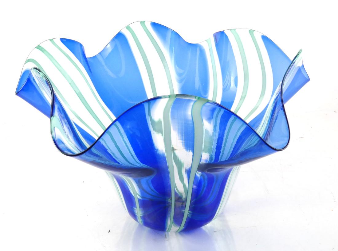 Murano Blue & Green Glass Bowl: Handkerchief flare-form glass bowl, Murano. [9 1/4 x 14 (dia) inches]. No chips found, in overall good condition.