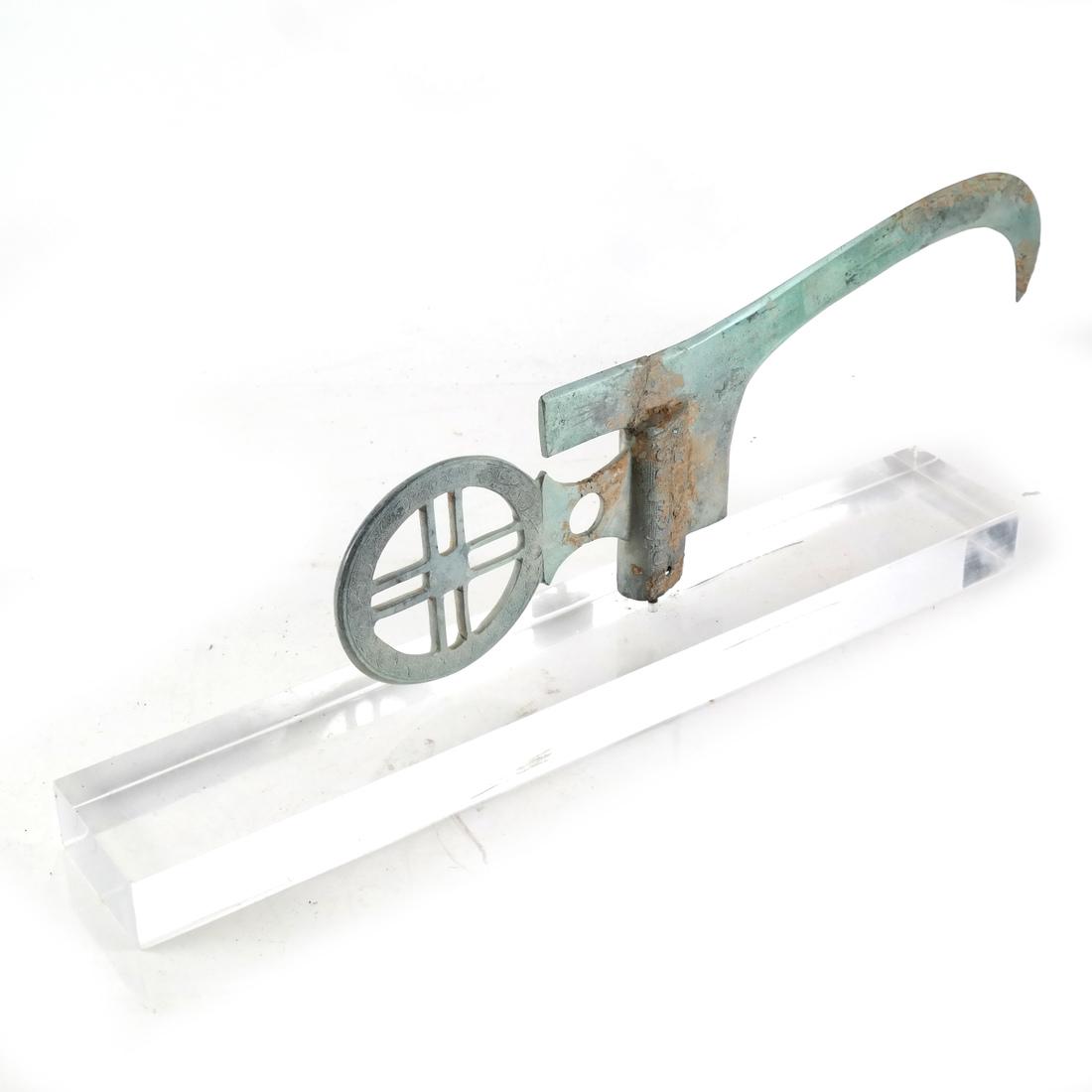 Vintage Chinese Bronze Artifact: Chinese bronze tool or weapon, head with glyphs, mounted on lucite base.