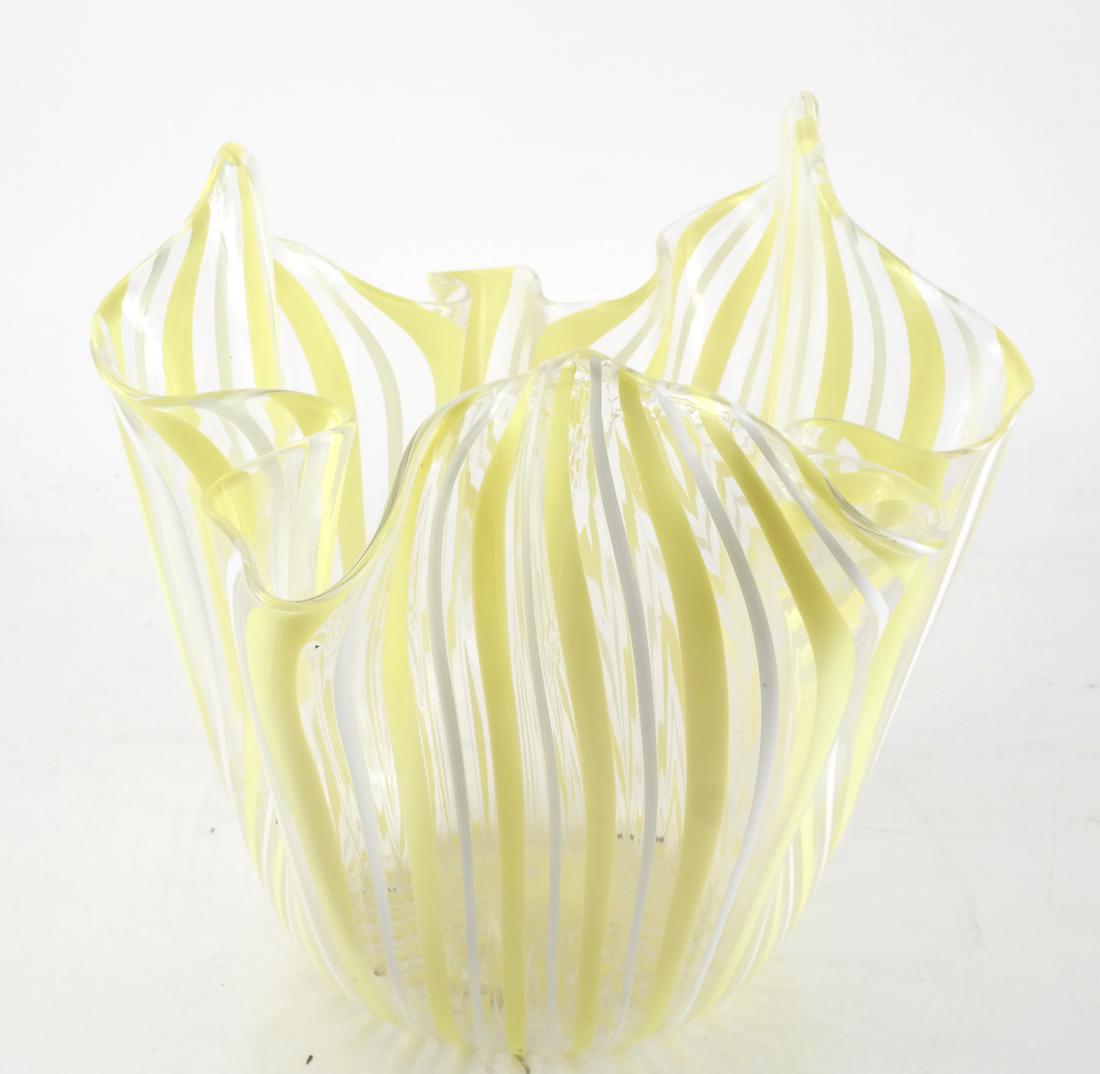 Murano Yellow & White Glass Bowl: Handkerchief pinch-form glass bowl, Murano, Italy. [10 x 11 (dia) inches]. No chips felt; in overall good condition.