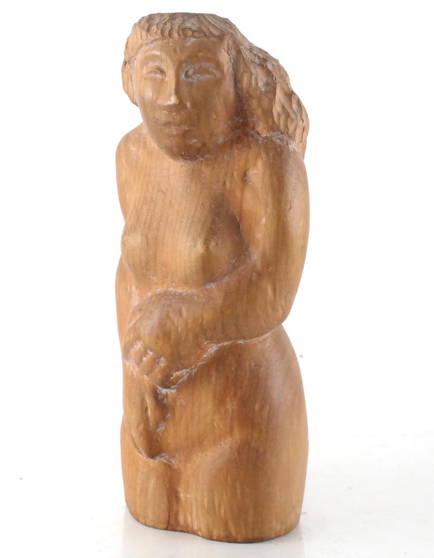 William Zorach-Type Wood Sculpture: William Zorach-type wood scupture, 3/4 length portrait of a dune woman, signed indistinctly to underside. [9 1/4 incehs hig].
