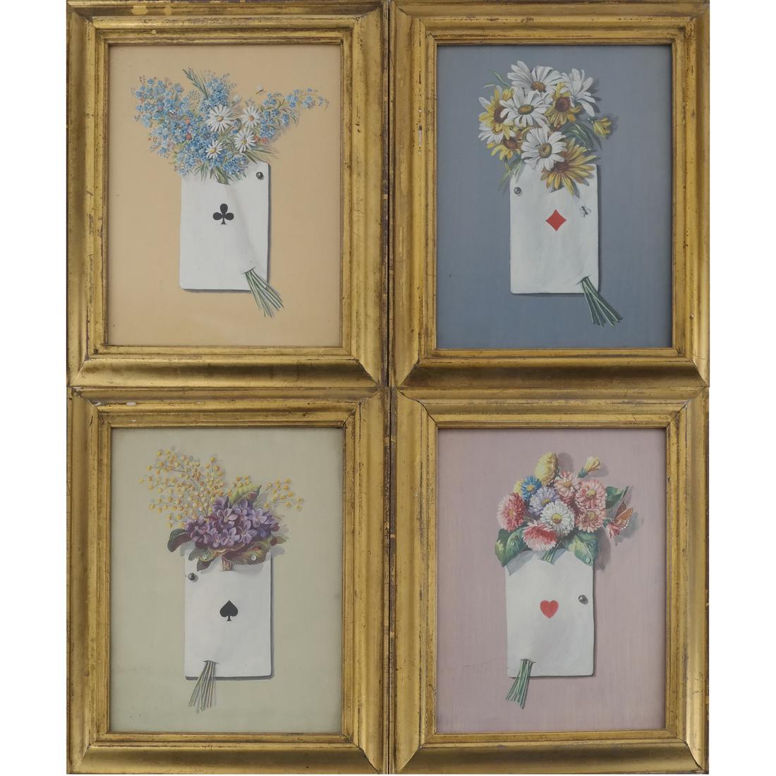 Suite 4 Playing Card, Floral Watercolors: Suite of 4 playing card and floral watercolors, each under glass, in gilt wood bolection frames. [Sight: 9 5/8 x 7 5/8 inches; Frame: 11 3/4 x 10 1/2 inches].