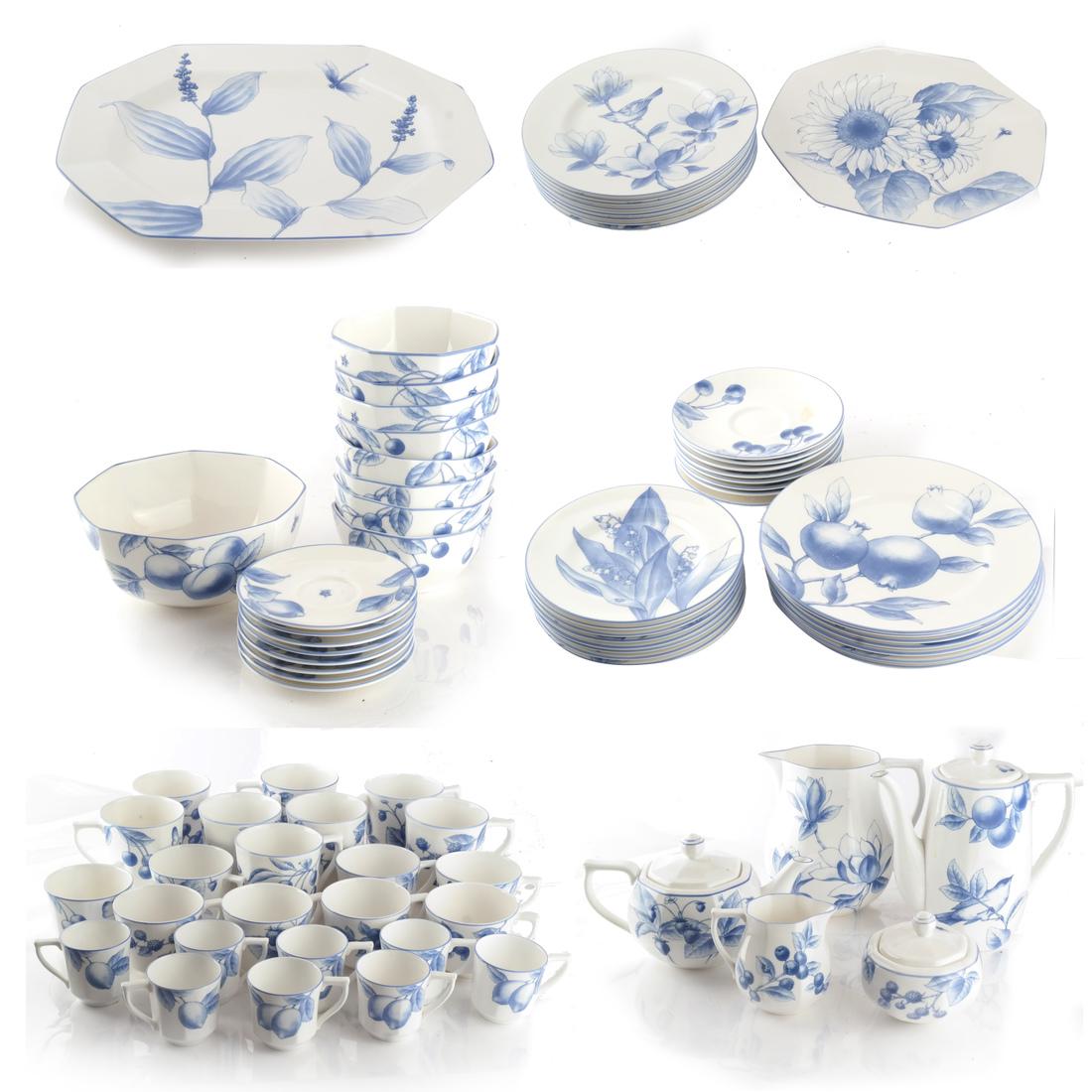 Tiffany & Co. Fine Bone China "Nature" Pattern: Tiffany & Co. partial dinnerware service, made in England. "Tiffany Nature" pattern (c) 1996, dishwasher and microwave safe. Original designs inspired by the Tiffany archives of 1880-1911. Includes: 2