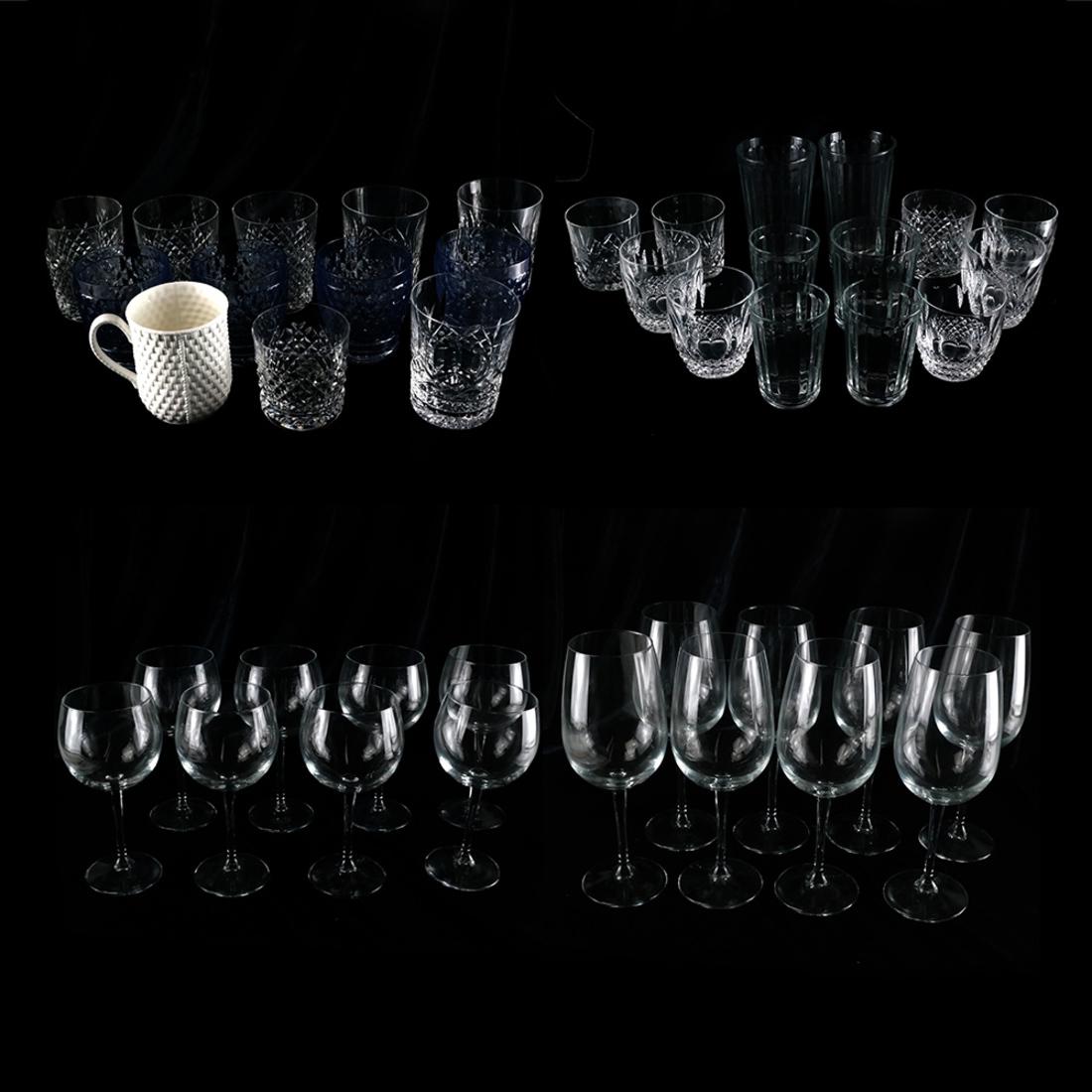 Stemware: Bormioli Rocco, Waterford, others: Includes 16 crystal wine stems by Bormioli Rocco, 15 assorted Waterford rocks glasses, and 5 others. Various chips throughout.