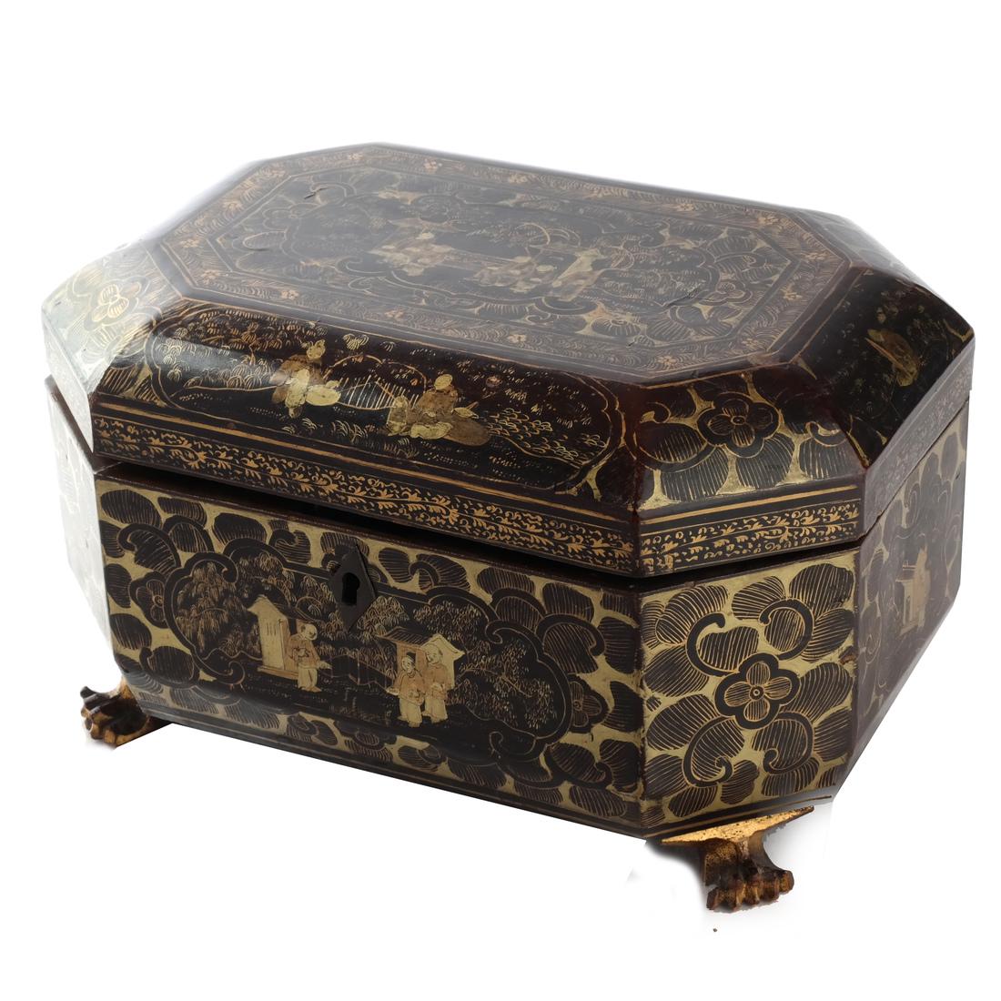 Chinoiserie Black Papier Mache Tea Caddy (1 of 10)
