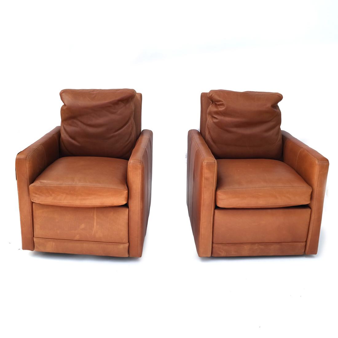 Pair Reclining Leather Club Chairs: Pair of contemporary leather reclining club chairs. [35 x 27 1/2 x 33 inches; 19 inches to seat]. In good condition.