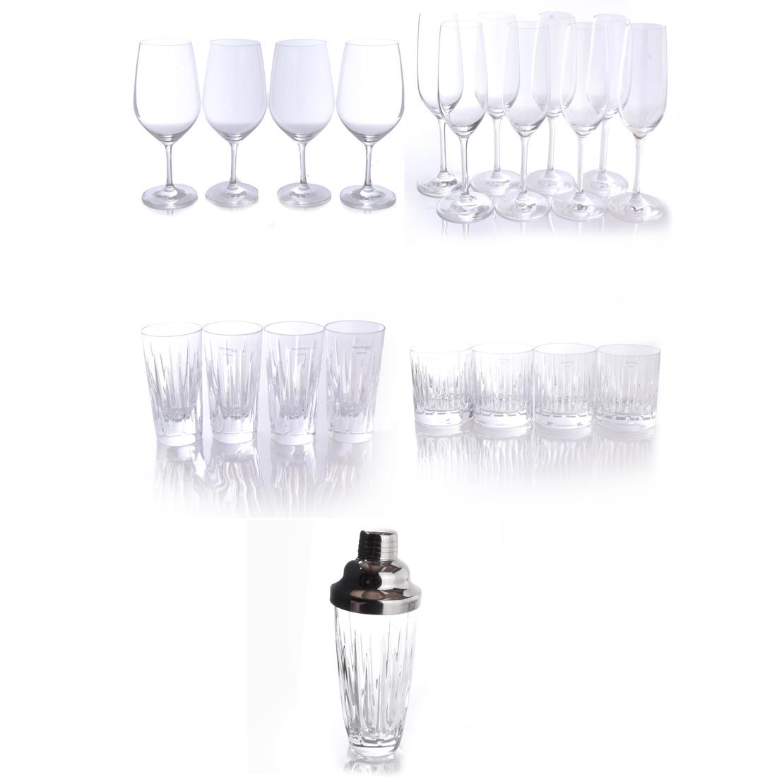 Schott Zwiesel, Reed & Barton Barware: 24 assorted crystals and glass stems-barware, including 8 champagne, 4 martini, 4 wine stems by Schott Zwiesel, and 4 rock, 4 shot glasses and a cocktail shaker by Reed & Barton.