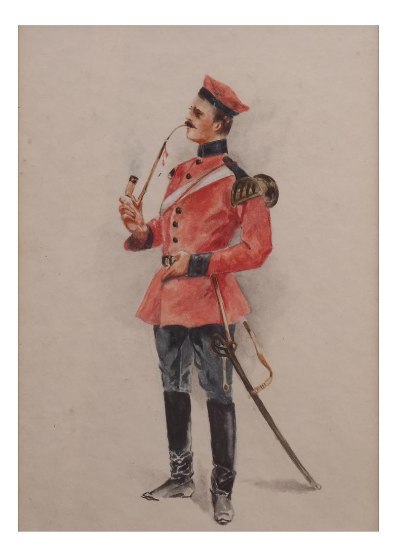 Watercolor of Soldier Smoking A Pipe: Watercolor of a soldier smoking a pipe. [Art: 6 1/2 x 4 1/2 inches; Frame: 12 1/2 x 10 1/2 inches].