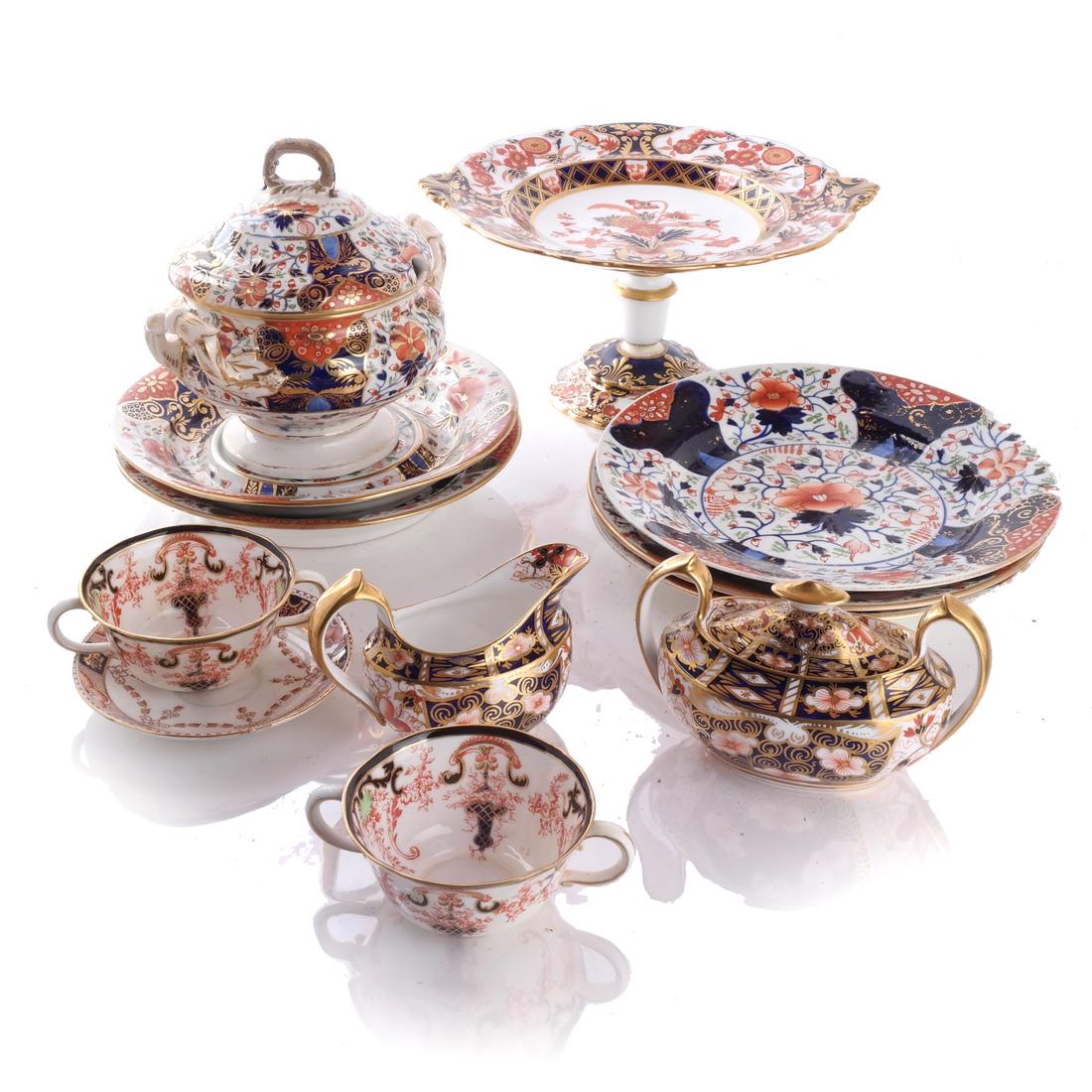 Royal Crown Derby, Dinner Service Items: Including a tazza, sugar bowl, creamer, 3 salad plates, covered tureen with 2 matching underplates, others. Used, condition varies.