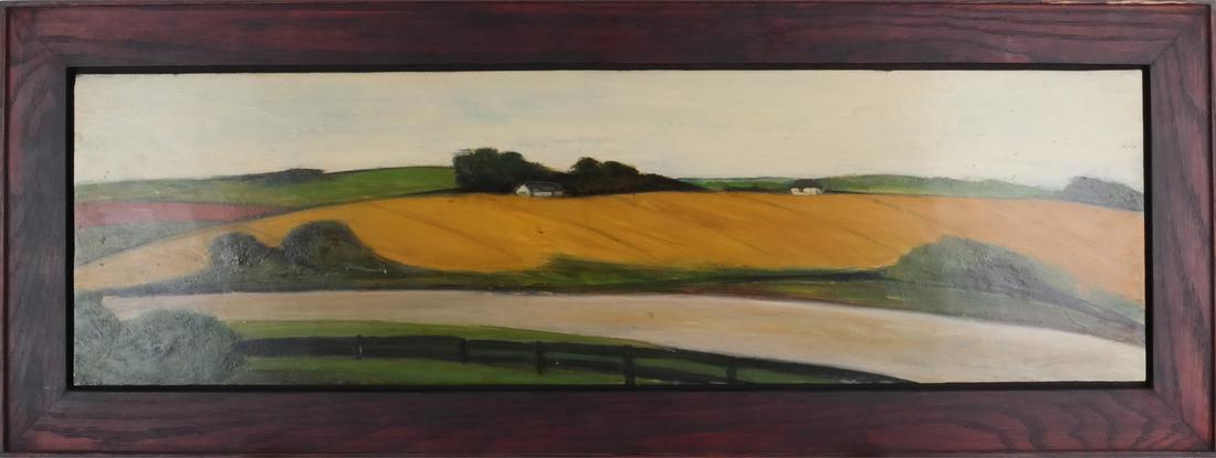 Pamela Morgan: Bridgehampton, Oil on Panel: Pamela Morgan oil on panel saddle of road in Bridgehampton, inscribed on reverse. [Art: 9 x 31 inches; Frame: 15 x 34 1/2 inches].