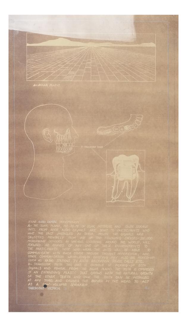 Ted Victoria "Solar Audio Dental...": Ted Victoria "Solar Audio Dental Transmissions", 1970. [Art: 22 x 13 inches; Frame: 25 1/2 x 15 1/4 inches]. Provenance: From the Dr. Richard & Odile Stern collection. Buckling.