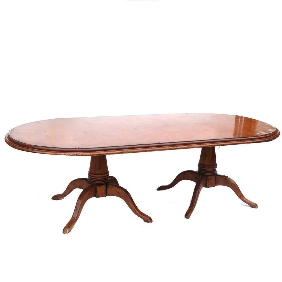 French-Style Dining Table: Two-pedestal dining table with solid top. No leaves. [28 3/4 x 96 x 48 inches; 27 inches H to apron]. Wear in areas, especially around rim.