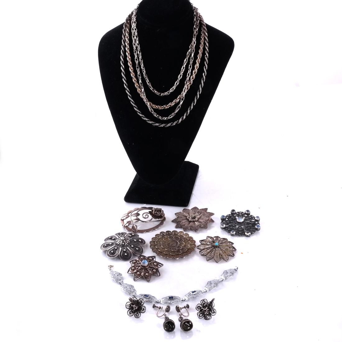 Collection of Silver Jewelry: Including necklaces, brooches, screw-back earrings, more. 5.12 ozt inclusive.