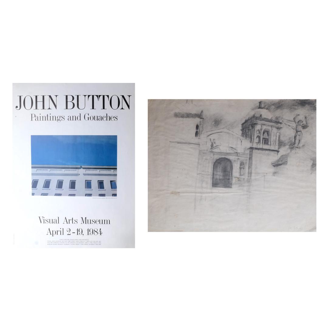 John Button (1929-1982) Drawing on Paper; 5 Others: Graphite on paper drawing of a church bell tower. Signed and dated 1958, lower right. [18 1/2 x 23 1/4 inches]. Accompanied by five posters from a 1984 exhibition. (6 items). From the collection of Dr