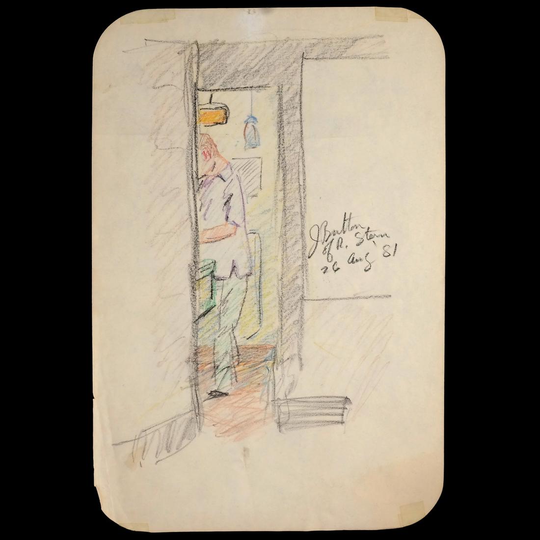 John Button: Crayon Drawing of Richard Stern: Signed, identified, and dated "26 Aug '81" for 1981, center right. [17 1/4 x 11 inches]. From the collection of Dr. Richard and Odile Stern.