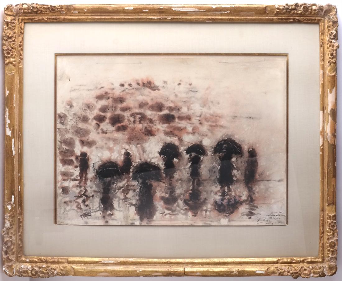 Noel Rockmore: Wailing Wall, Watercolor: Framed watercolor of Jerusalem depicting figures at the Wailing Wall, 1967. [Art: 14 x 19 inches; Frame: 23 1/2 x 29 1/2 inches]. Paper lifting off mount, otherwise in overall good condition.
