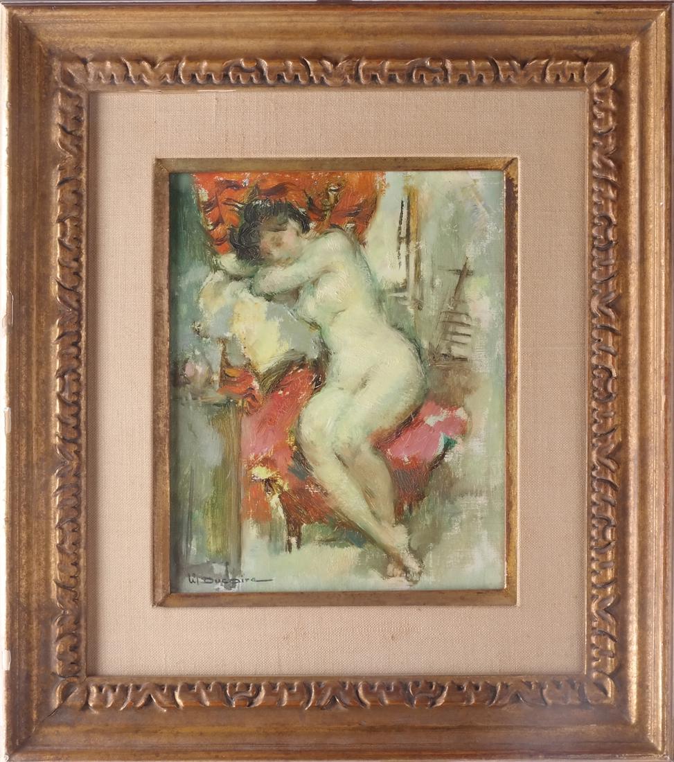 Maryse Ducaire (French): Nude Female: Maryse Ducaire (French, 1911-1992). Nude female. Not dated. Signed lower left. Oil on canvas. [Art: 9 x 7 inches; Frame: 16 x 14 inches].