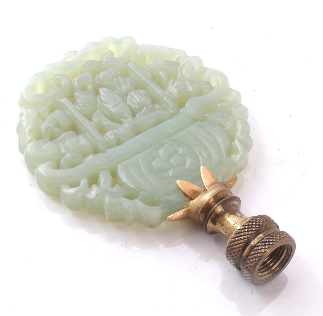 Chinese Carved Jade Finial: Chinese carved jade finial. [2 1/2 x 2 1/4 inches; 3 1/4 inches high overall].