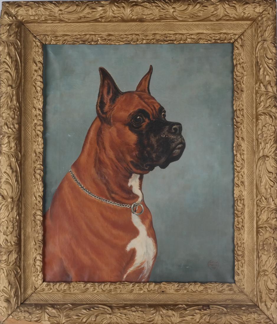 Jeanne Mellin: Boxer Dog, Oil / Canvas: Jeanne Mellin oil on canvas of a boxer dog. [Art: 20 x 16 inches; Frame: 26 x 22 inches].