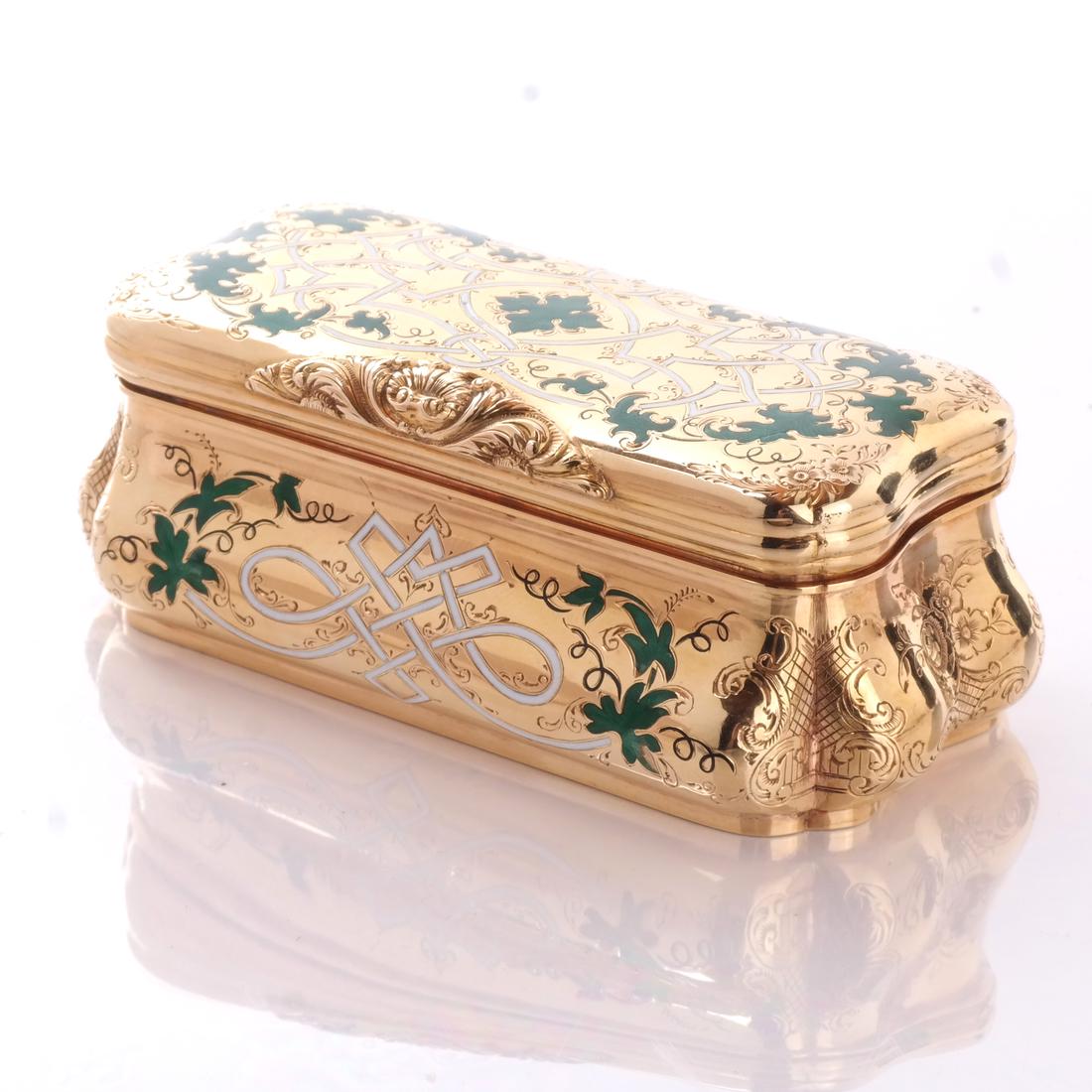 14k Yellow Gold & Enamel Box: Baroque design, probably German or Irish, having a green enamel cross and all-around enamel and chased floral designs. [ 1 1/4 x 3 3/8 x 1 3/4 inches]. 59 dwt.