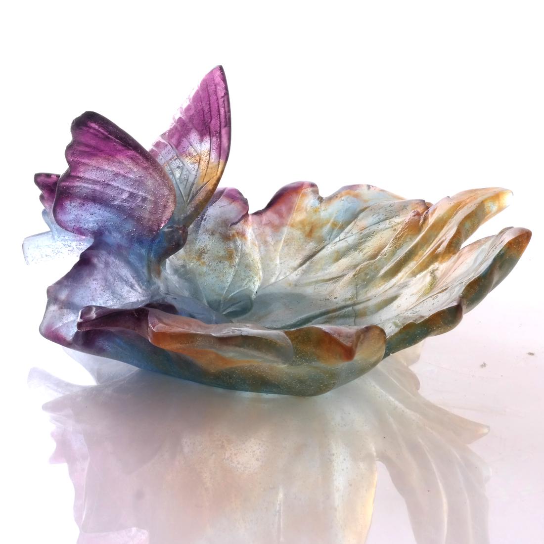 Daum France Cameo Glass Dish: Daum France cameo glass leaf-shaped dish with butterfly. In good condition. [6 1/2" x 6 1/2" x 3" H].