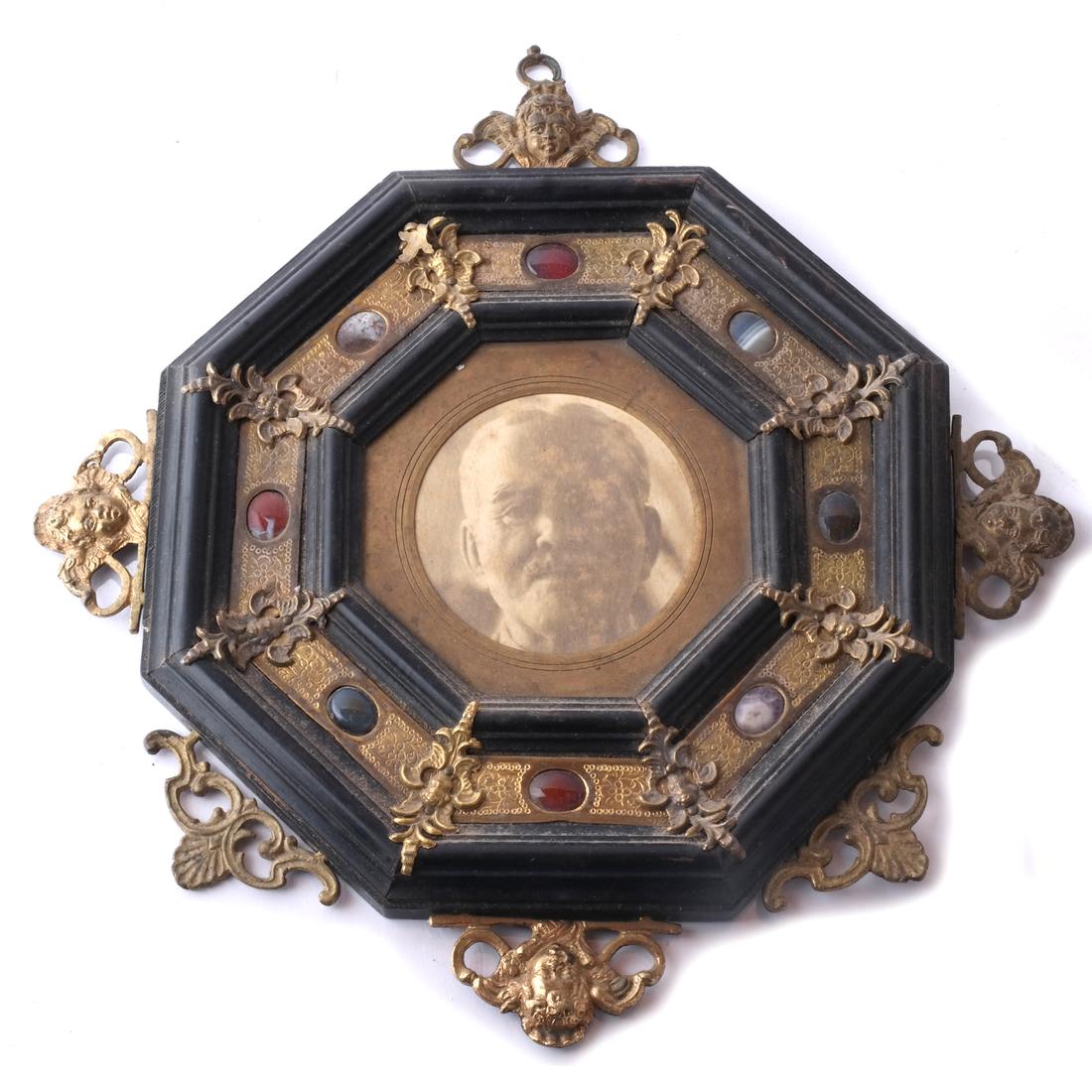 Italian Agate-Inlaid Beaux Arts Frame: Italian agate-inlaid Beaux Arts frame, with photograph of "Eugene R. Cox, brother of N.C. Vanderlyn". [11 1/2 x 10 3/4 inches].