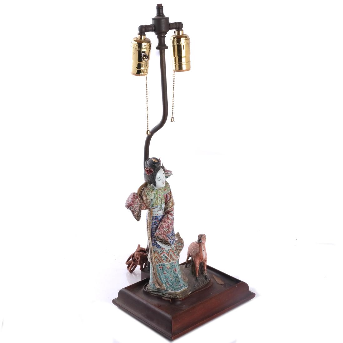 Chinese Porcelain Quanyin and Deer: Chinese porcelain Qing Dynasty porcelain Quanyin and deer, mounted on rectangular teak wood base. [Figure: 11 x 5 x 3 1/2 inches; Overall: 22 x 9 x 6 1/2 inches].