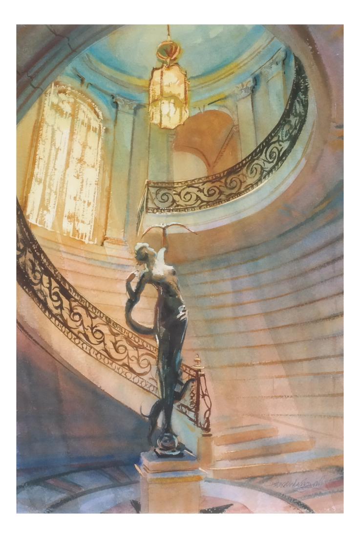 Alexander Creswell: "Stairs..." - W/C: Alexander Creswell "Stairs in the National Academy of Design", watercolor on paper, with Hirschl & Adler label. [Art: 22 1/2 x 15 1/2 inches; Frame: 28 1/2 x 22 inches]. From the collection of Clem La