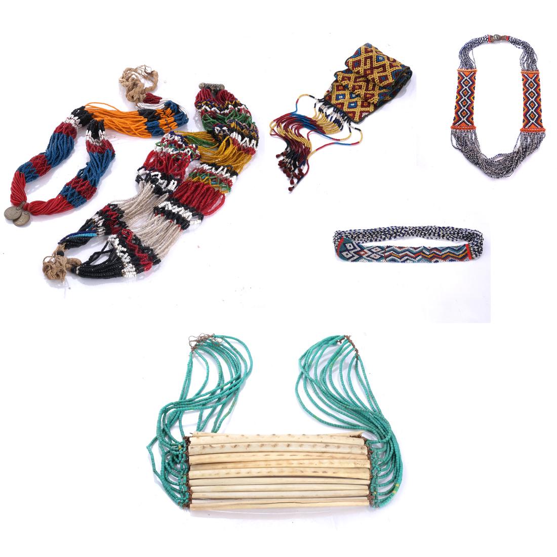 Asian, Tribal Necklaces and Accessories: Comprises: 1.) Native American Plains bone and wampum bead breastplate. [31 x 5 inches]. 2.) Two Central Asian bead necklaces, silver bead, coins. [18 - 21 inches long]. 3.) Two bead necklaces and a b